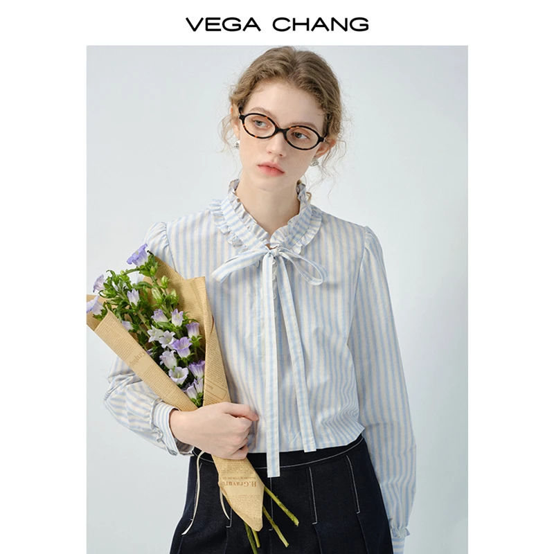 VEGA CHANG条纹衬衫女长袖2025年春秋新款木耳边法式泡泡袖上衣