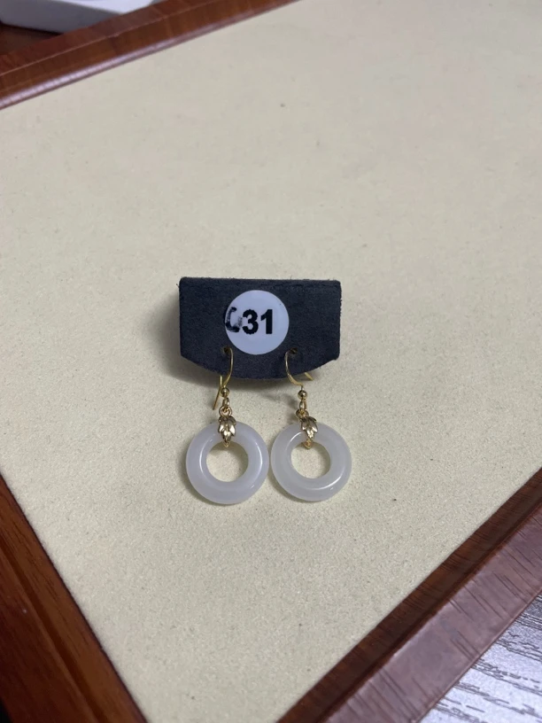 新中式国风款设计s925银镶嵌天然和田玉平安扣轻奢简约风耳环031