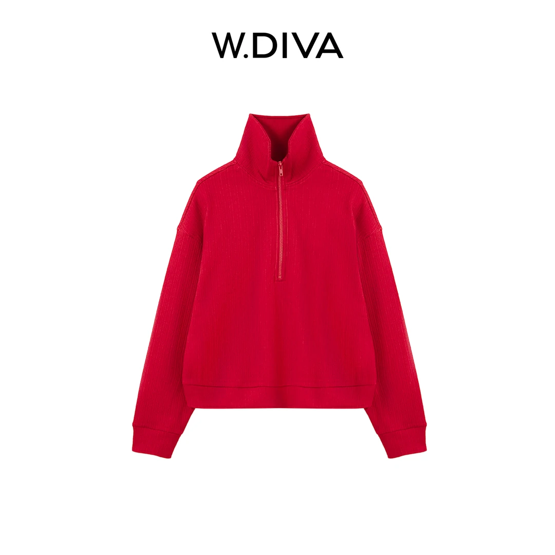 W.Diva【炽绒】秋季绵羊毛竖纹拉链polo翻领卫衣慵懒风女53Z293024