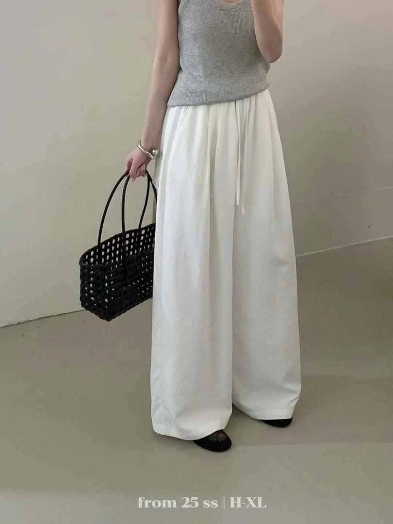 拼接松紧阔腿裤高腰长裤休闲裤休闲卫裤夏季松紧腰纯色时尚