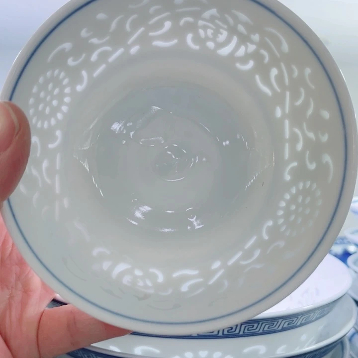 青花玲珑5寸饭碗满雕双福双线