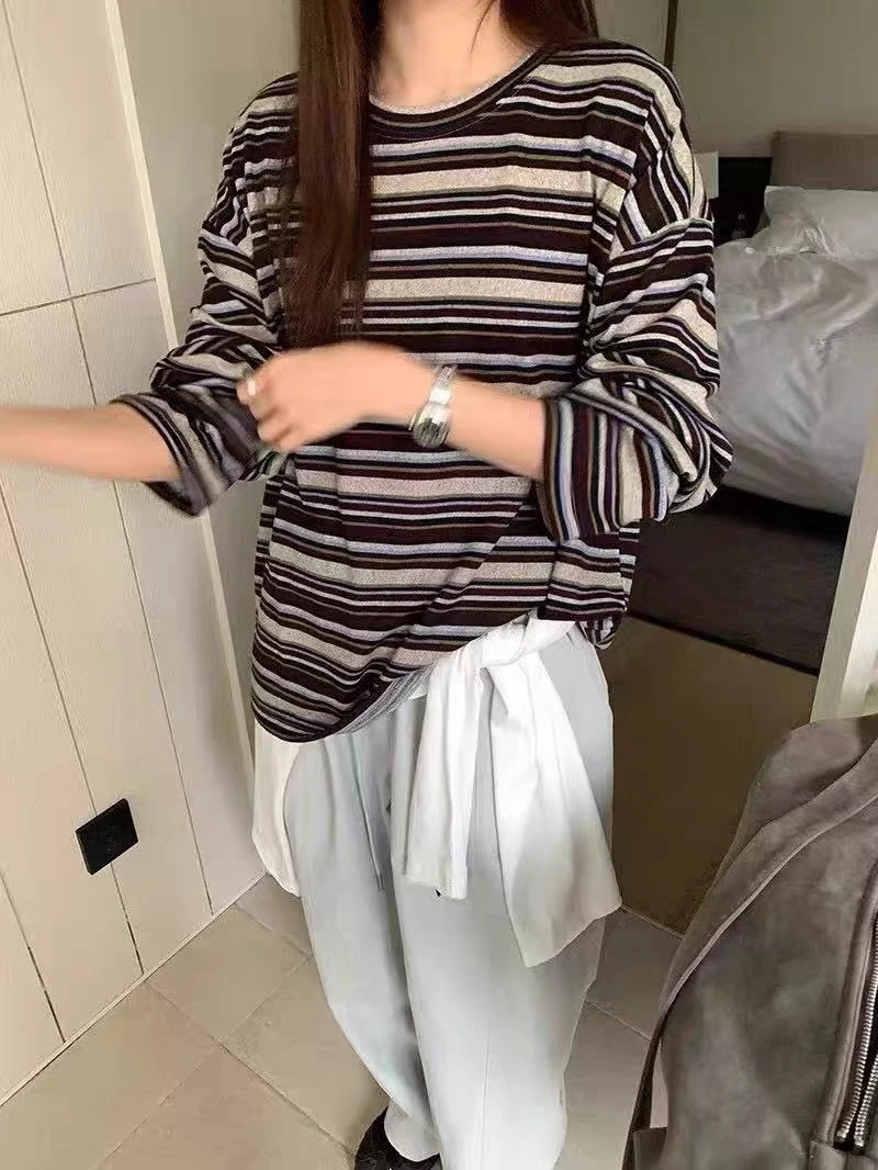 慵懒复古条纹长袖T恤女新款宽松圆领韩版磨毛打底衫上衣