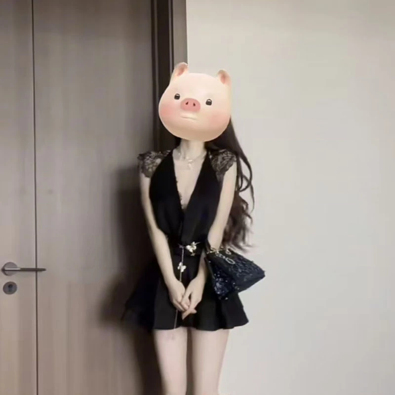 【B Y】蕾丝网纱内衬缎面挂脖荡领设计收腰显瘦露背荷叶边连衣裙女