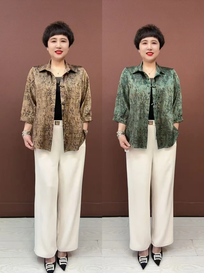 常规款植物花卉宽松型中老年女装时尚中老年休闲七分袖衬衫