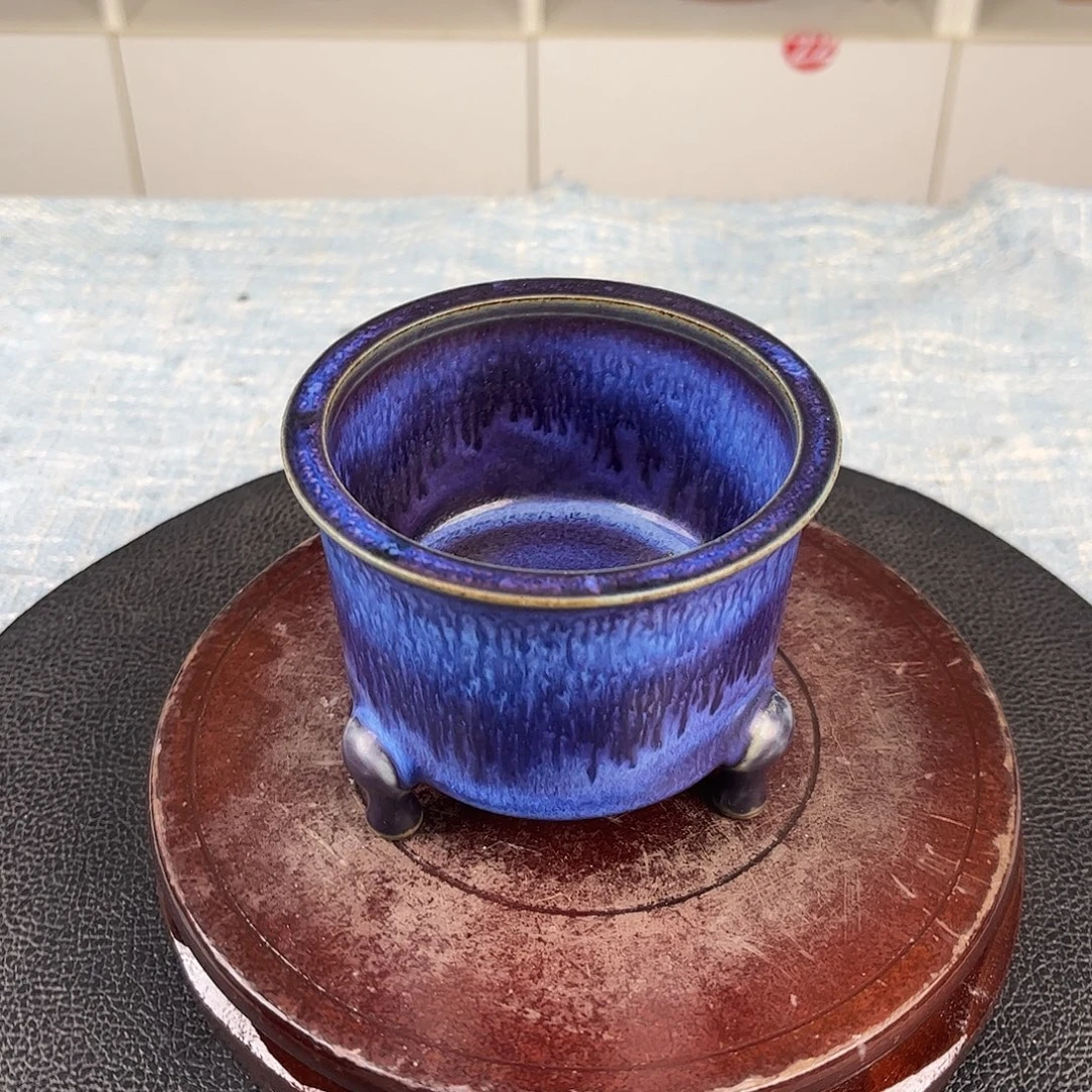 瓷片三足炉炭烧手工大师作品