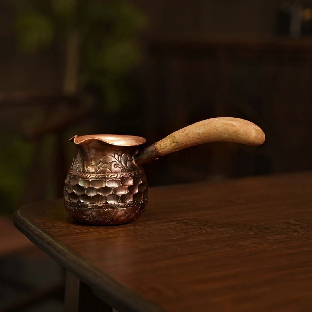 当代 [云器百集]侧把纯铜罐罐煮茶罐咖啡罐日式围炉锤纹