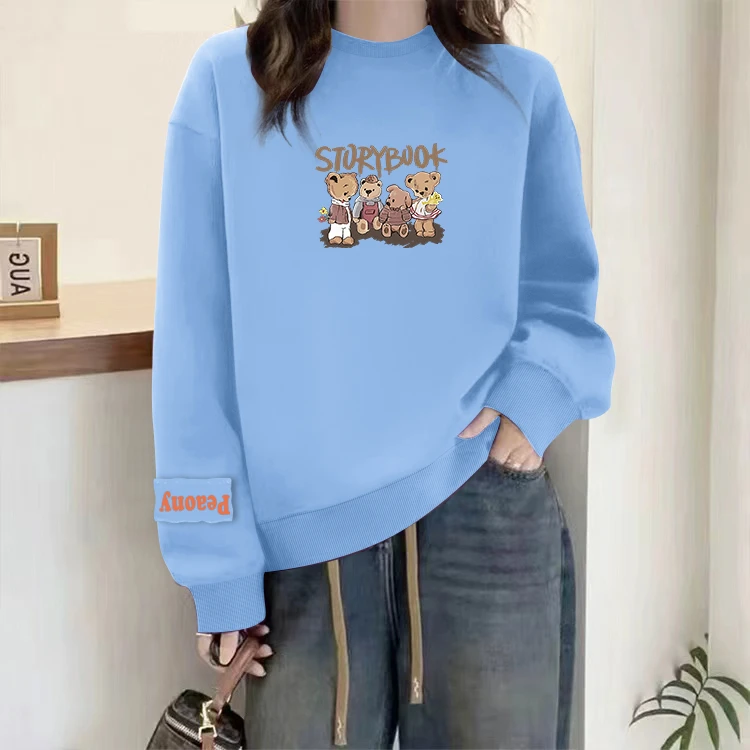 保暖印花卫衣休闲加厚秋冬INS风百搭加绒宽松型长袖无帽卫衣时尚