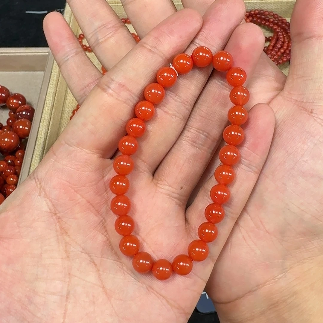 无***心南红玛瑙未镶嵌手链原矿南红手串7mm➕纯色辣椒红