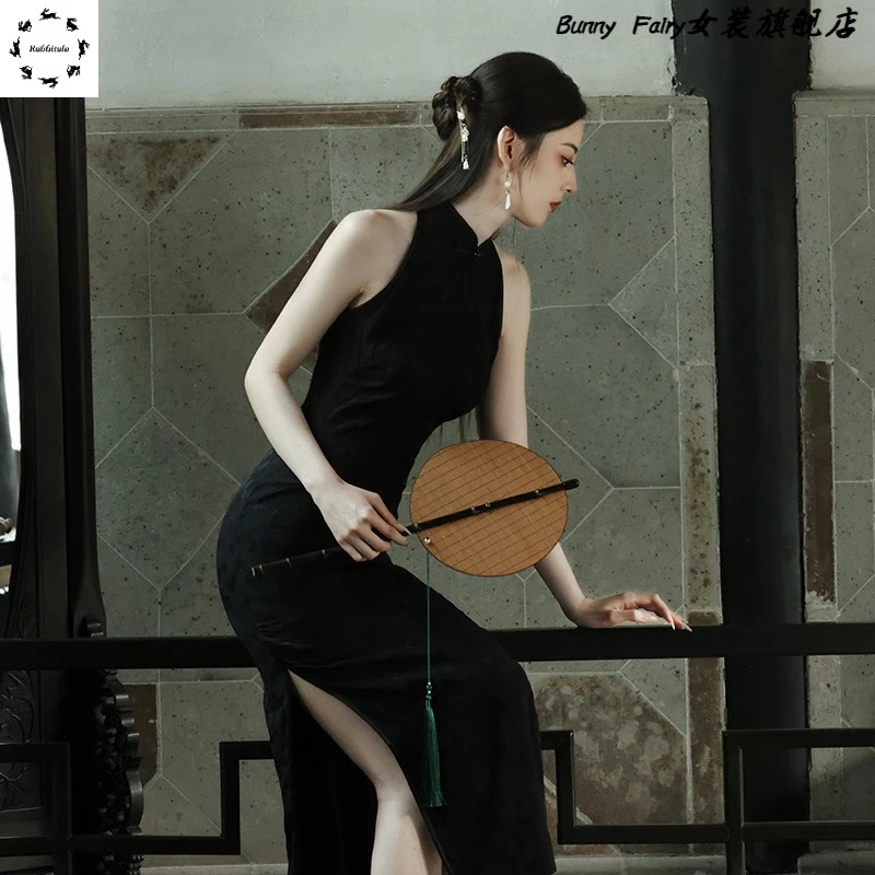 黑色新中式国风改良旗袍2025年新款夏季少女年轻款无袖露肩连衣裙