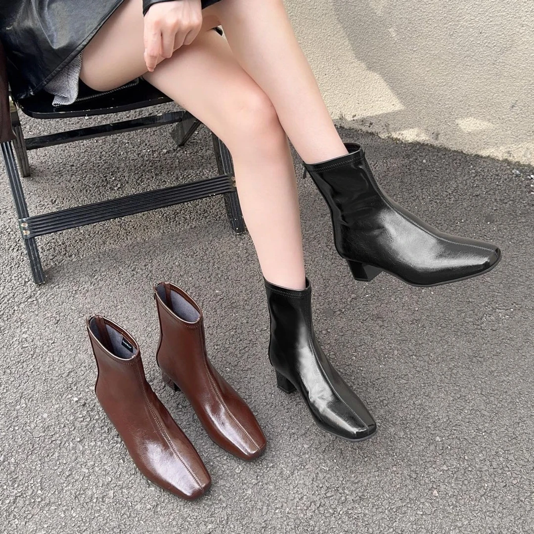 真皮法式复古方头瘦瘦靴女秋冬气质高跟小裸靴粗跟短靴子C7236-1