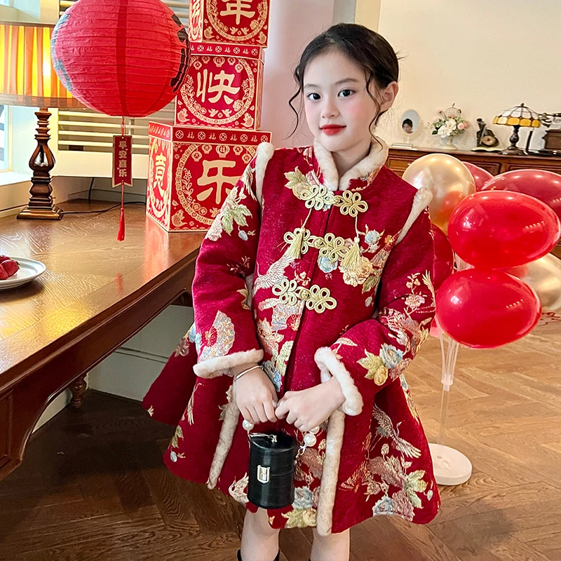 【大清仓】童装女童中国风夹棉加厚外套冬季儿童宝宝长款时髦大衣