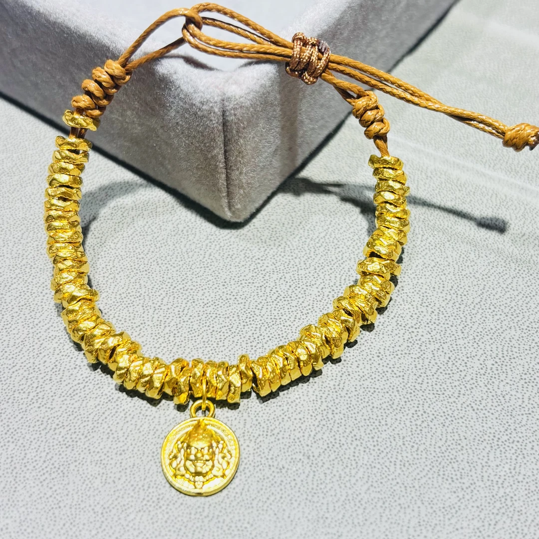 小欢哥珠宝 足金999大轮胎锤纹金黄财神盘缠 编皮绳【60粒】