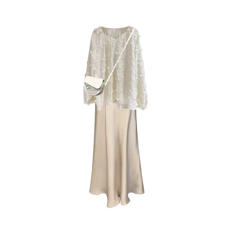 parkyeon韩版时尚穿搭立体花朵气质百搭宽松衬衫轻奢半身裙套装