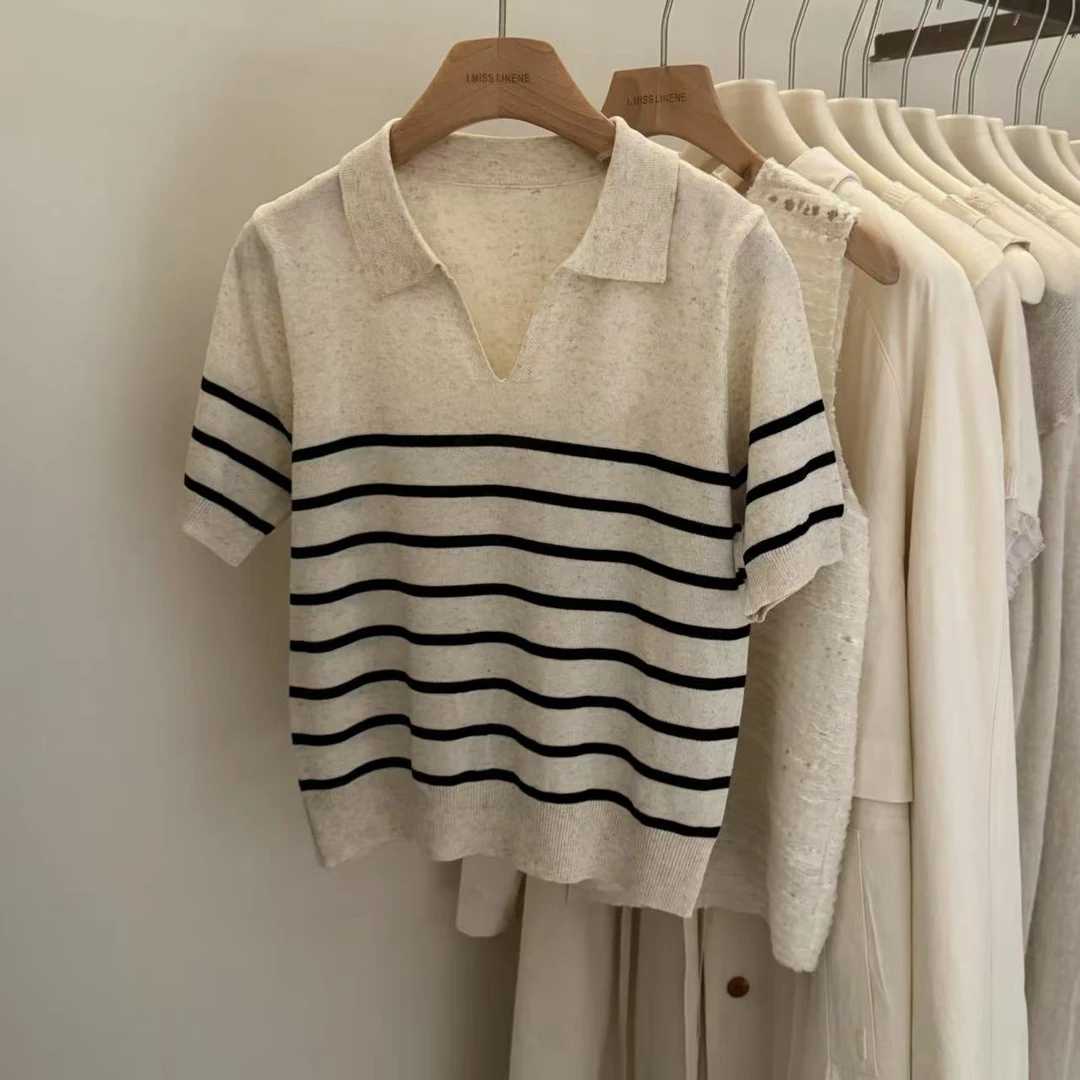 55068 韩系百搭小马刺绣polo领条纹短袖T