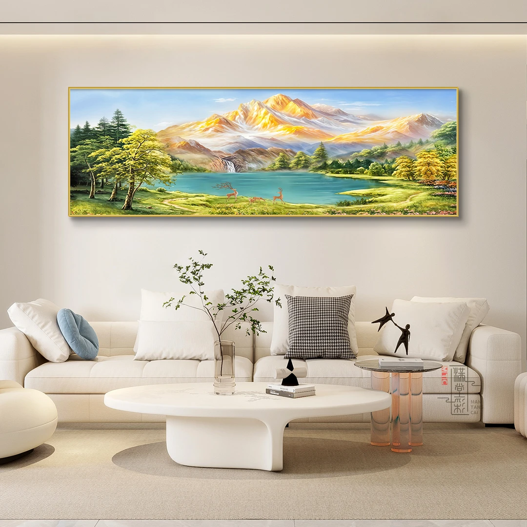 金山聚宝盆客厅现代轻奢装饰画时尚奶油风沙发背景墙山水风景挂画