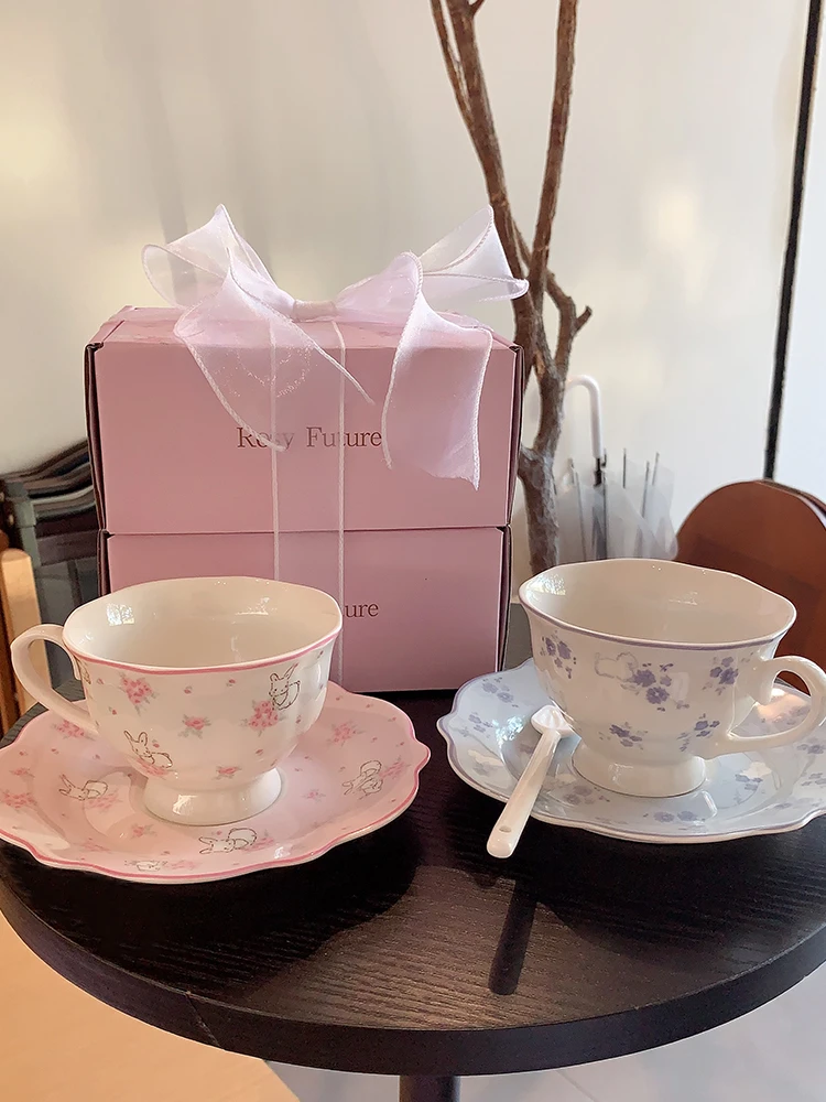 原创情侣款玫瑰兔陶瓷杯家用下午茶可爱咖啡杯碟套装精致伴手礼物