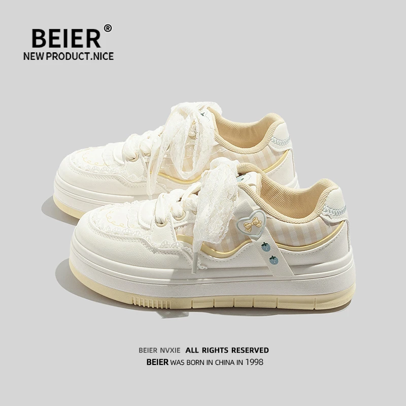 BEIER可爱蕾丝透气厚底百搭学生板鞋2025秋季新款休闲鞋女鞋11175