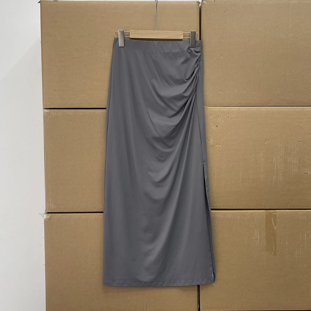 走俄罗斯！高腰气质通勤半身裙 捏褶显瘦侧开叉裙修身松紧腰女裙子