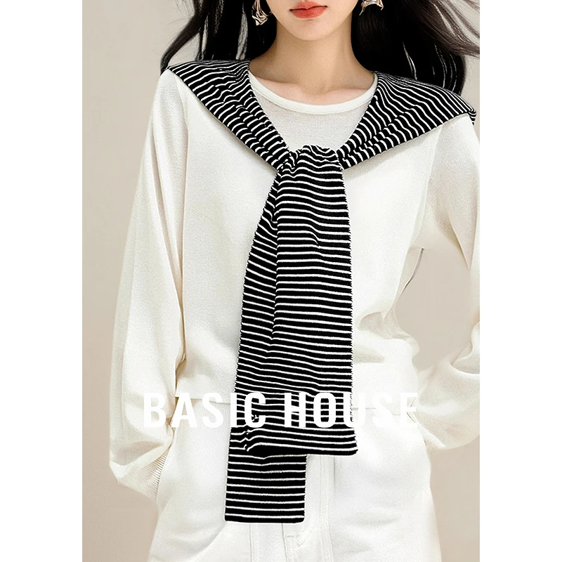 Basic House/百家好韩系撞色条纹披肩针织衫新款上衣B1195B58102