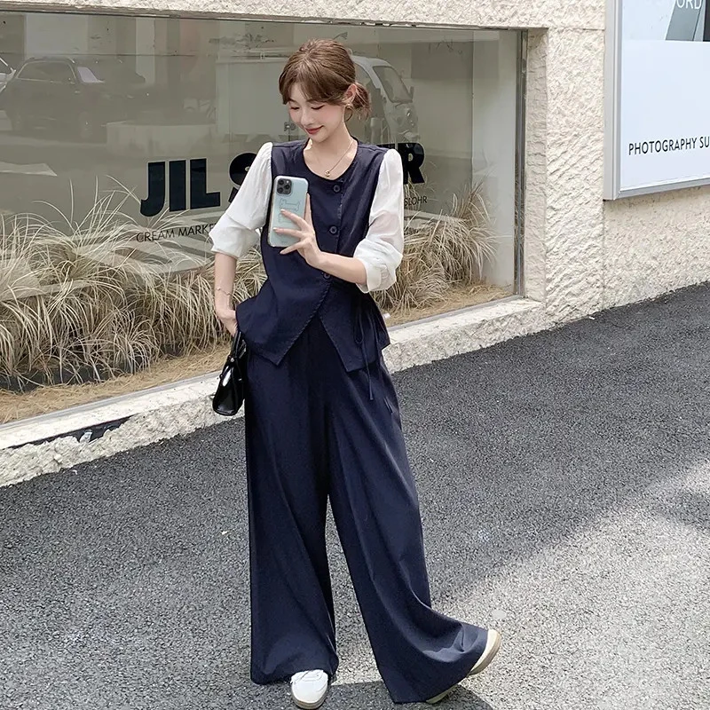 假两件拼接衬衫阔腿裤套装女2025秋季新款大方得体减龄超火两件套