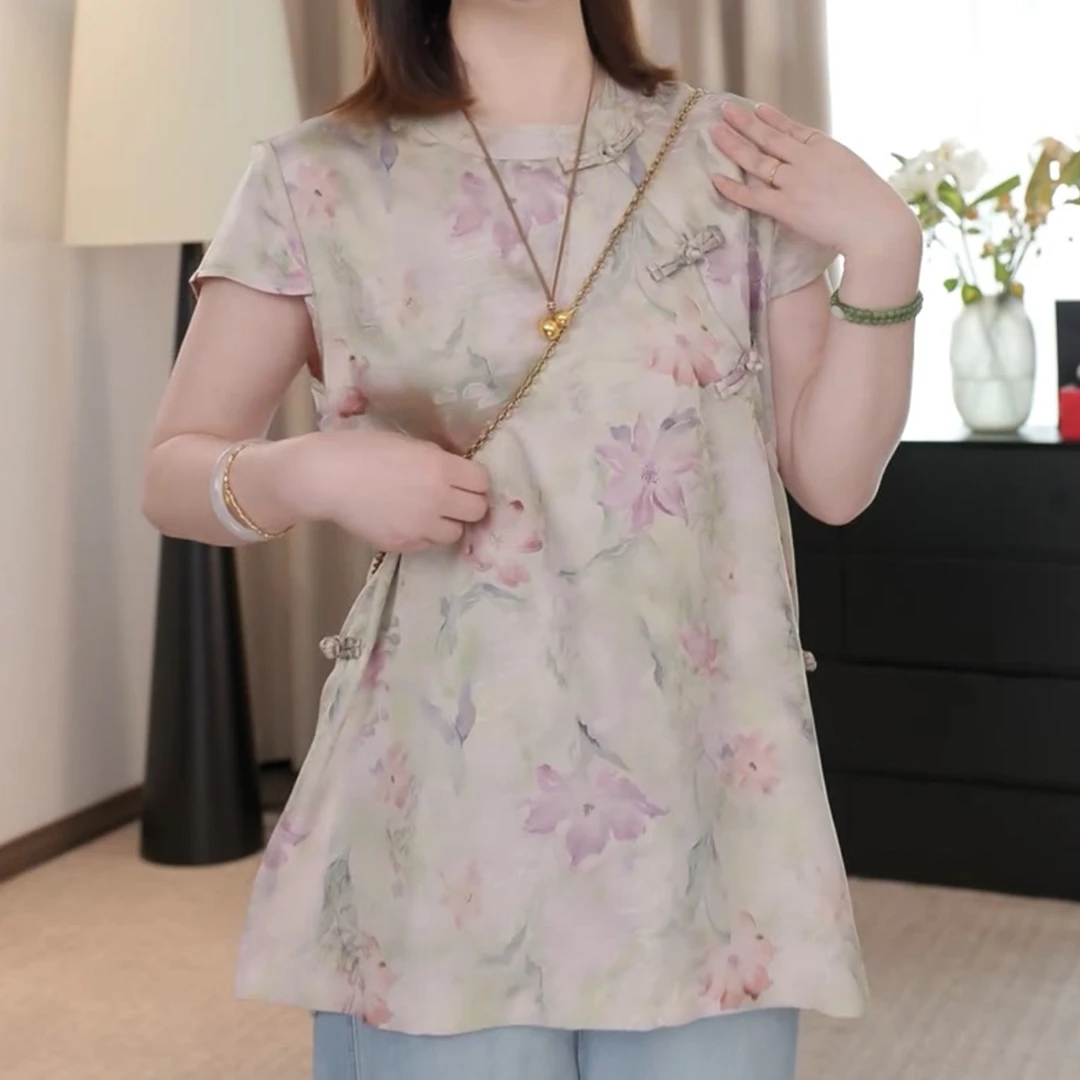 香朵儿国风盘扣提花中长款短袖衬衫2025年夏季新款财阀千金女装潮