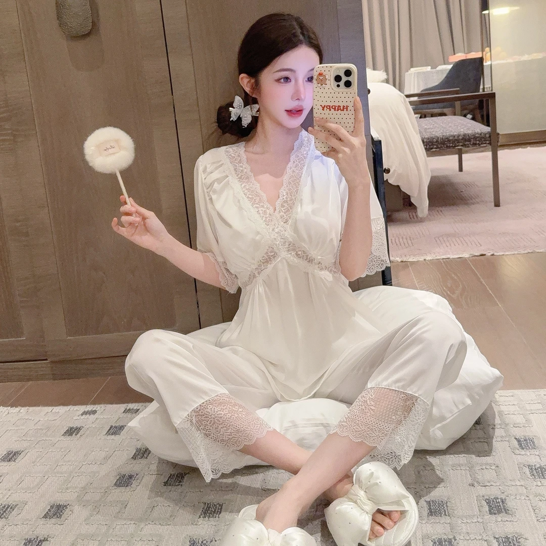 【优雅迷人】夏季薄款时尚纯欲风蕾丝花边薄款短袖轻奢高级感家居服