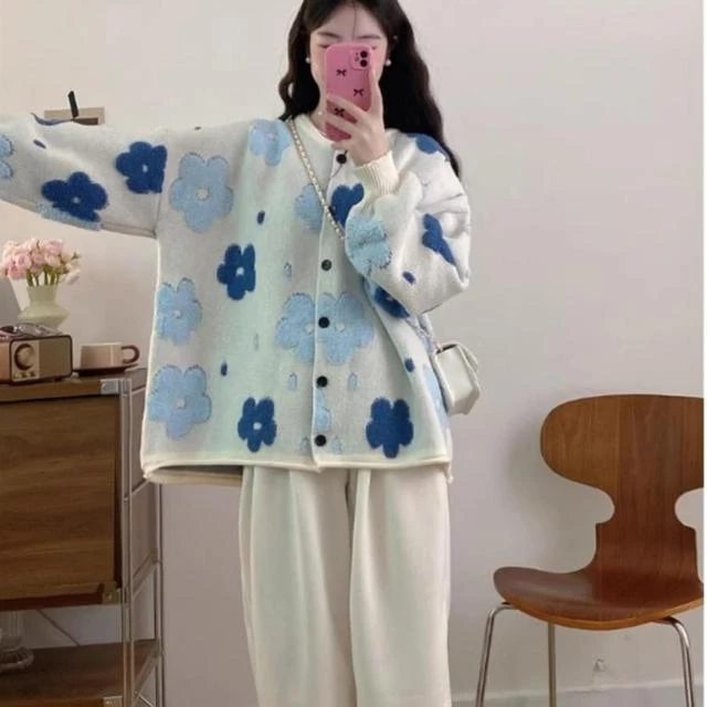 大码女装胖mm秋冬韩系慵懒风高级感毛衣外套新款宽松大码针织开衫