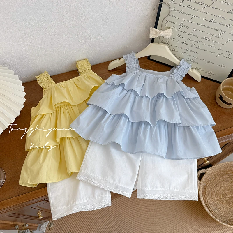 K273女童夏季新款时尚洋气两色百褶蛋糕背心套装女宝宝休闲童装潮