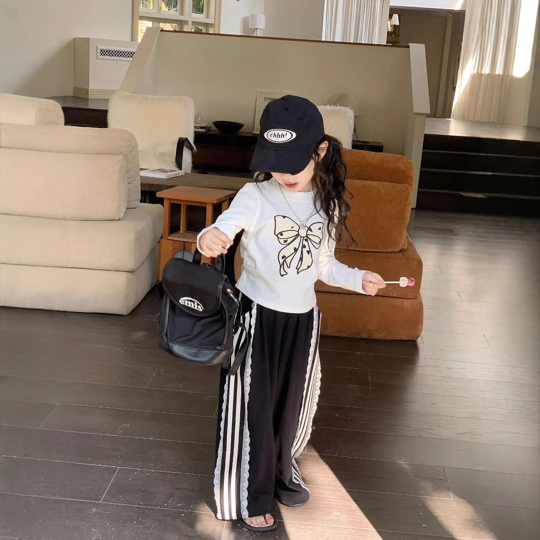 小惜亦2025春季新款韩版女童休闲宽松蝴蝶结T花边阔腿裤洋气套装
