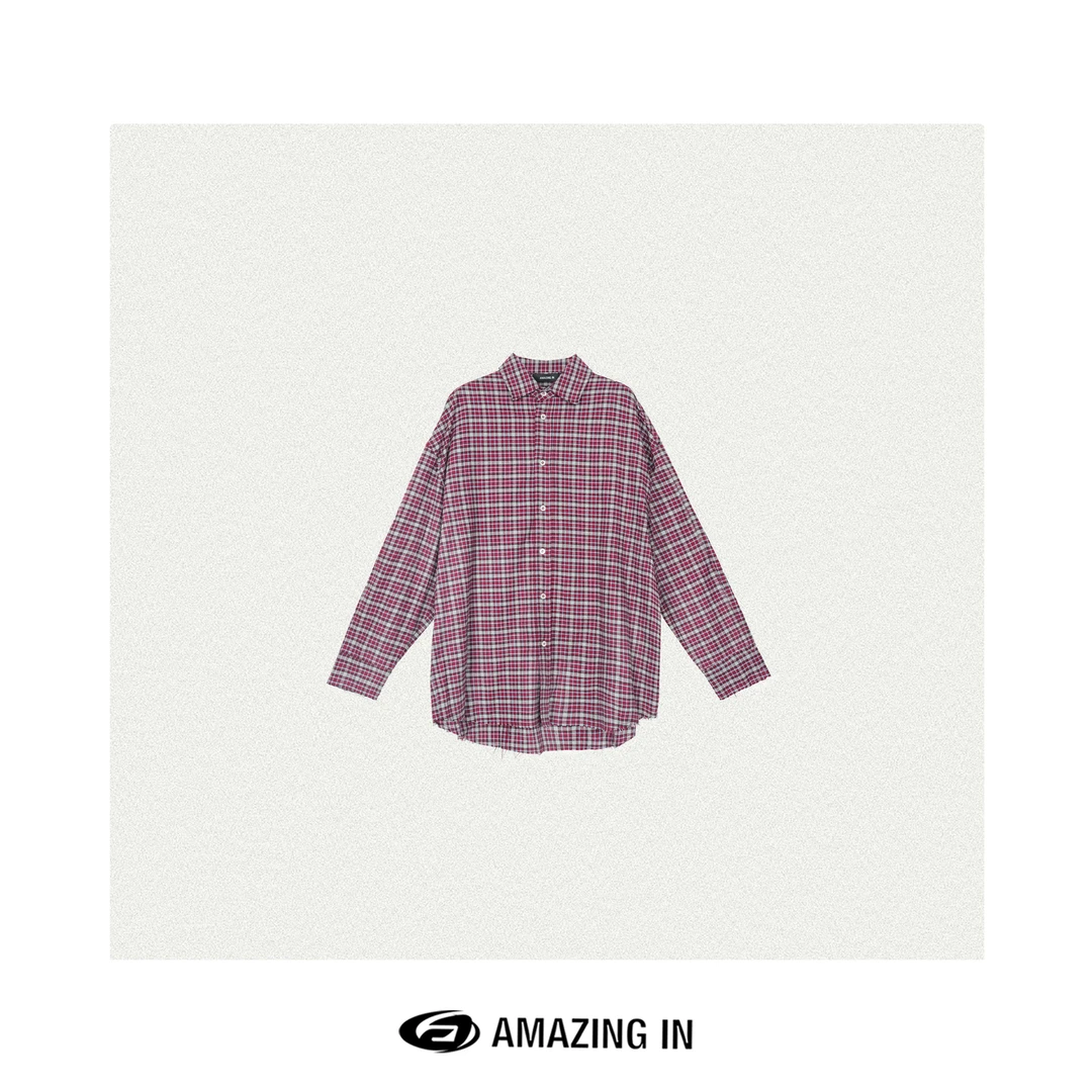 AMAZING IN | 1oo%棉 | 毛边格纹宽松长袖衬衫 A241224-XSFS-9338