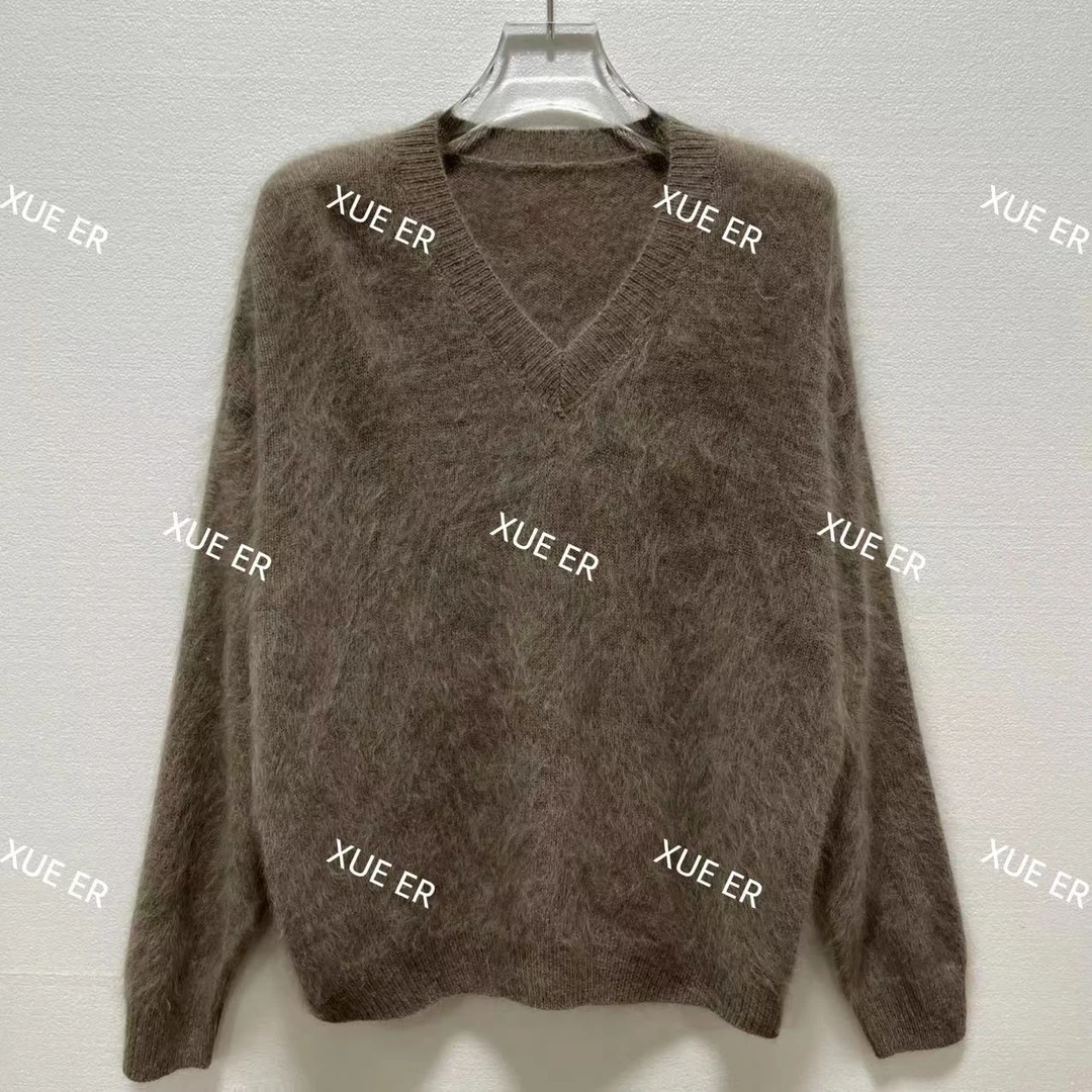雪儿X89002欧货100羊毛拉毛V领慵懒风针织套头毛衣