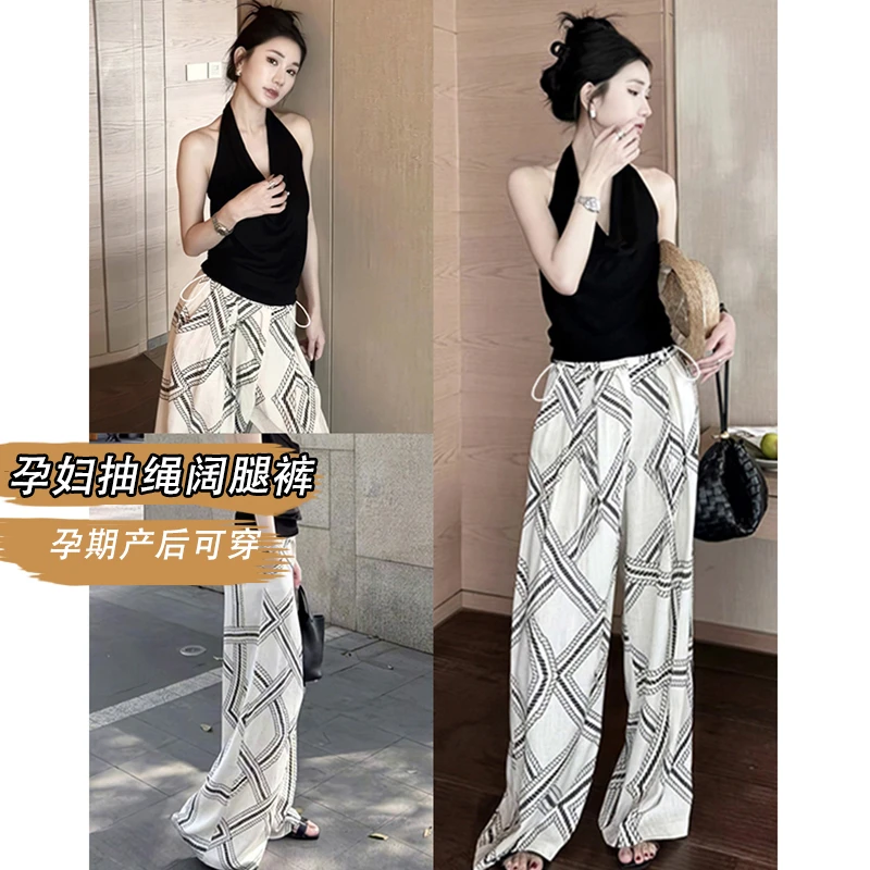 孕妇裤子窄版阔腿裤外穿夏季薄款老钱风印花轻薄凉凉裤直筒长裤女