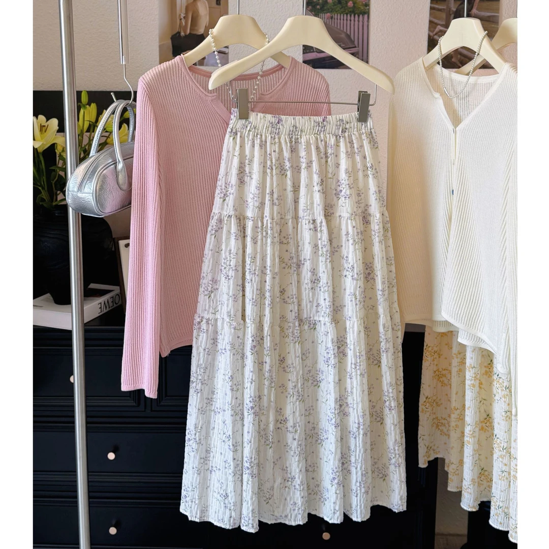 韩系温柔风紫色碎花雪纺半身裙女秋冬季中长款减龄森系仙女长裙子