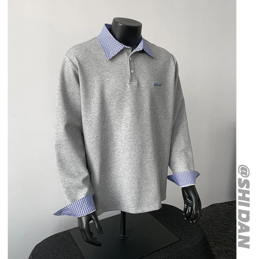 美式正肩长袖POLO衫男秋季潮牌痞帅翻领刺绣内搭上衣重磅打底衫男