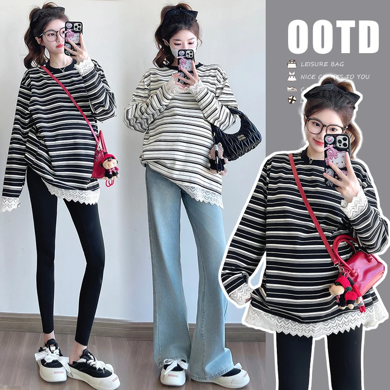 孕妇装2025韩系拼接蕾丝花边撞接条纹长袖T恤孕妇装孕期衣服条纹