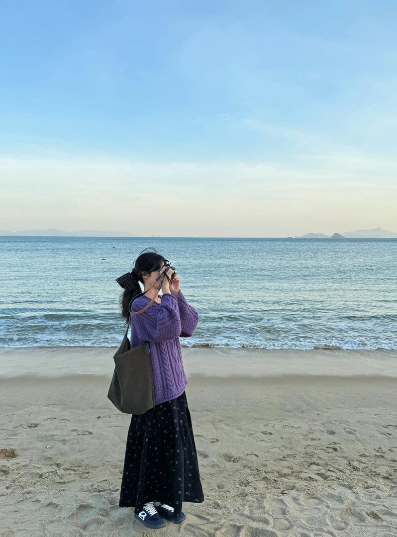 【暮藤】春秋气质紫色针织毛衣套头上衣碎花黑色半身裙慵懒森系套装