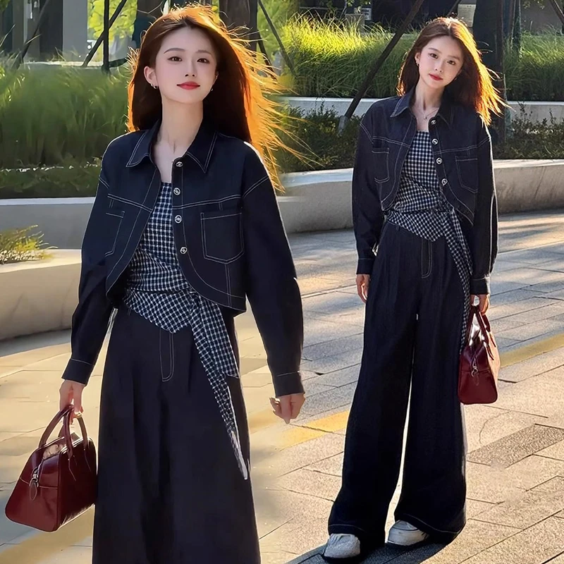 时尚牛仔套装女2025秋季新款显瘦百搭短外套吊带背心阔腿裤三件套