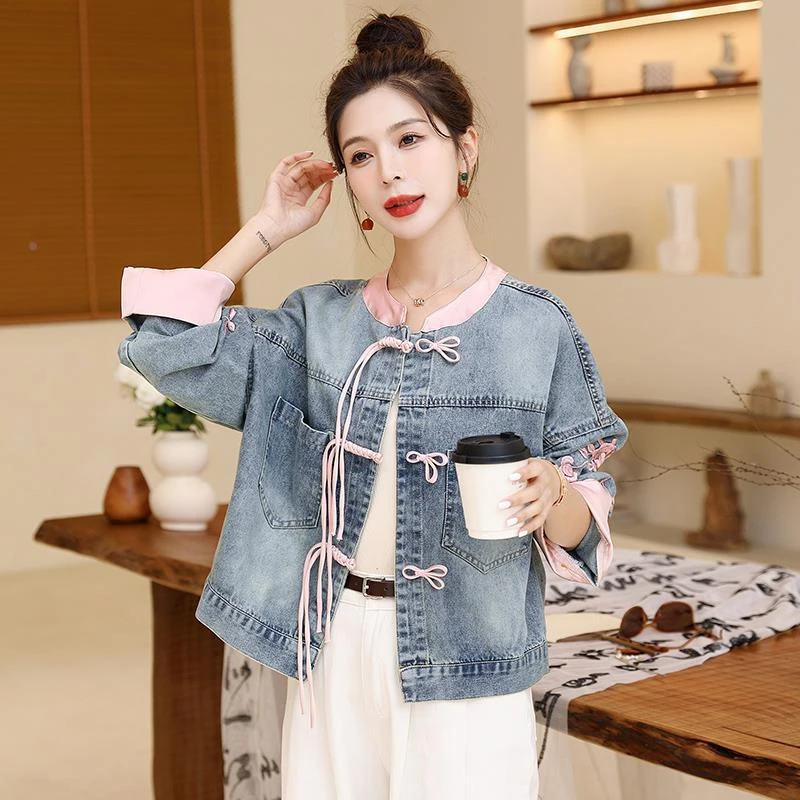 国风盘扣牛仔外套女新中式立领春季新款重工刺绣短款夹克