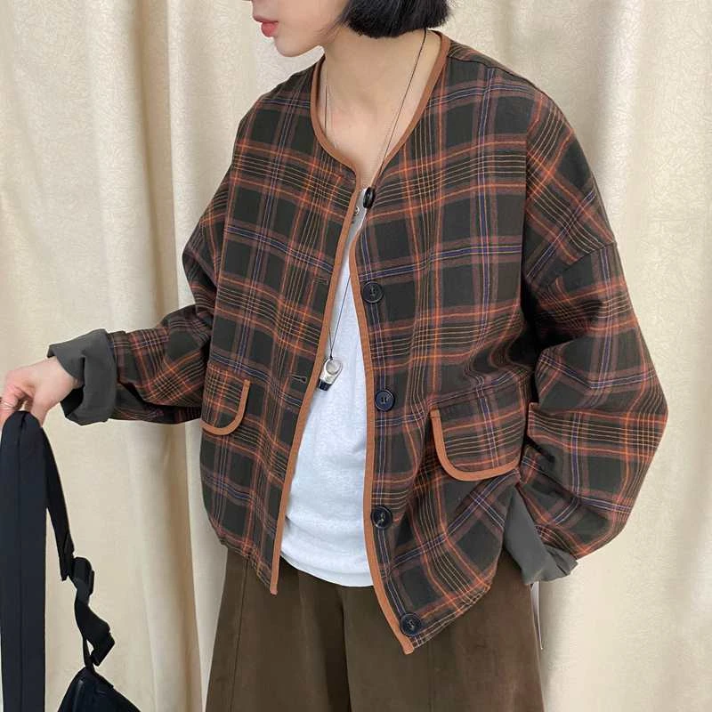 TY53657短款外套女春秋休闲宽松圆领长袖格子2025秋季新款纯棉潮