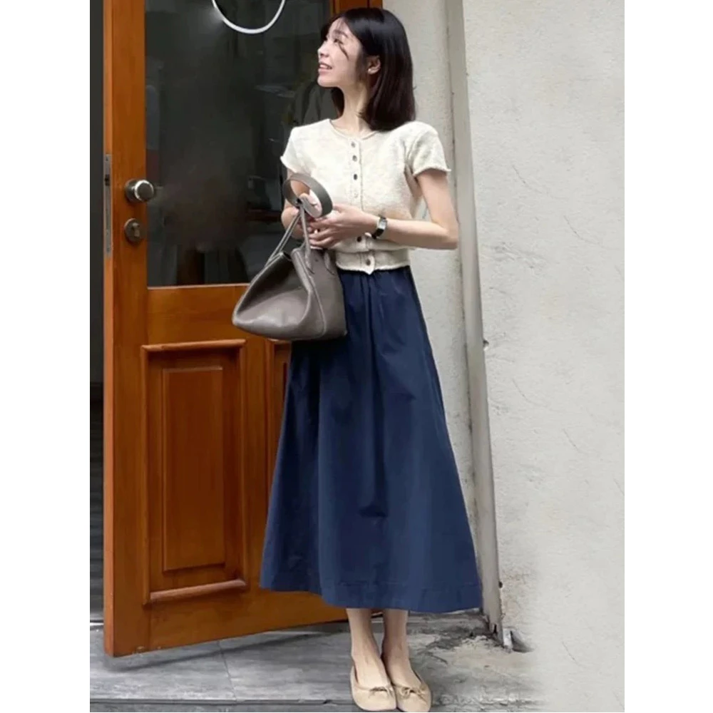 2025夏季小个子韩版针织短袖T恤上衣+a字半身裙中长款休闲套装女