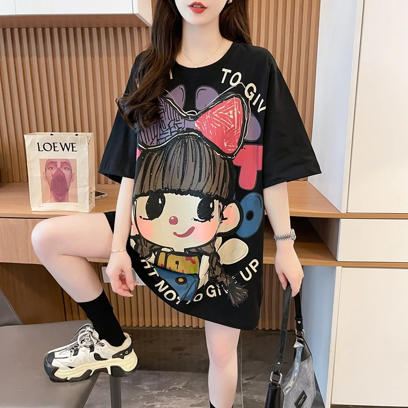 慵懒风纯棉卡通短袖T恤女2025夏季新款韩版宽松显瘦趣味卡通上衣