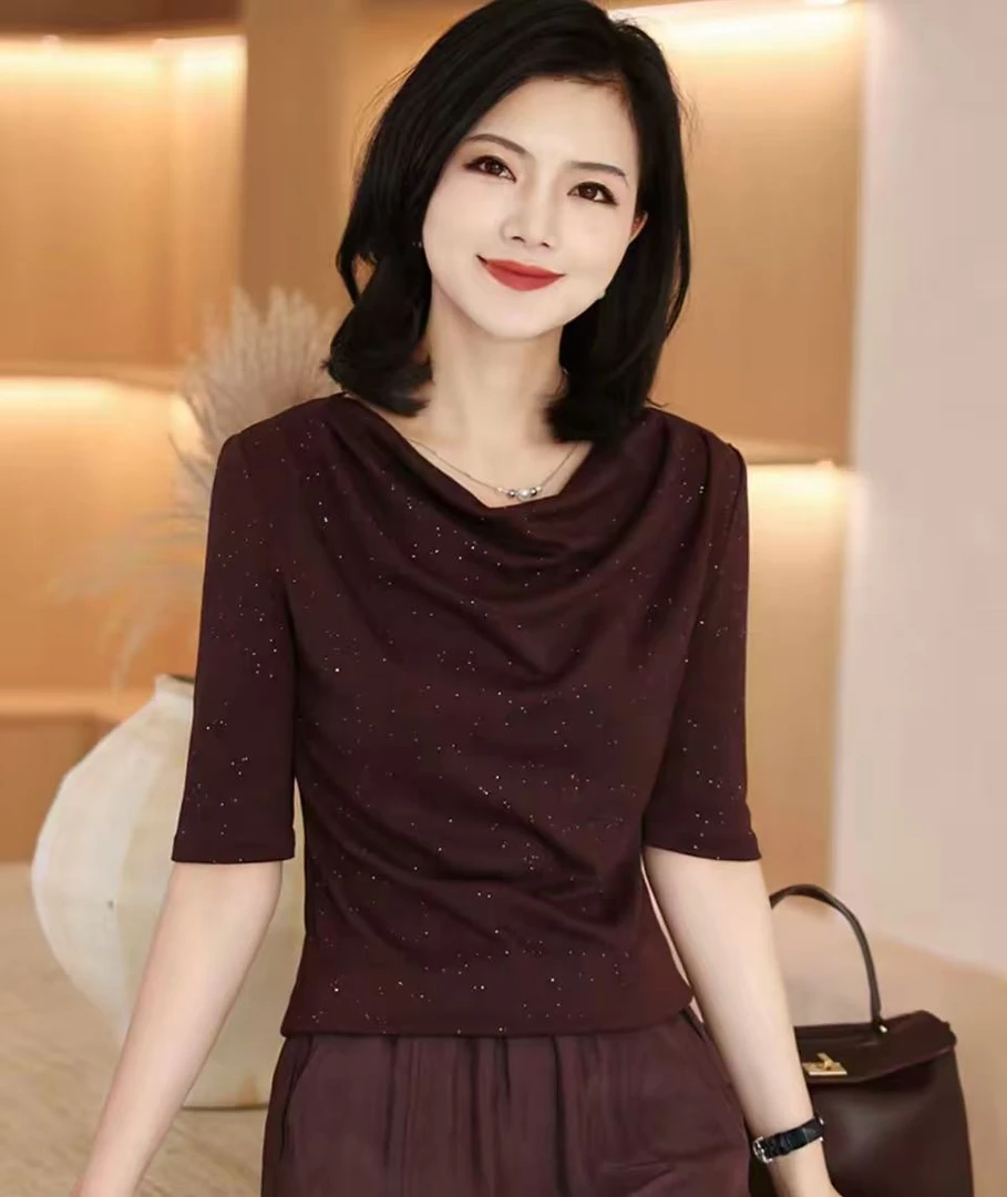 2025秋季新款知性风五分袖荡领亮丝法式T恤夏季轻奢英伦风痞帅