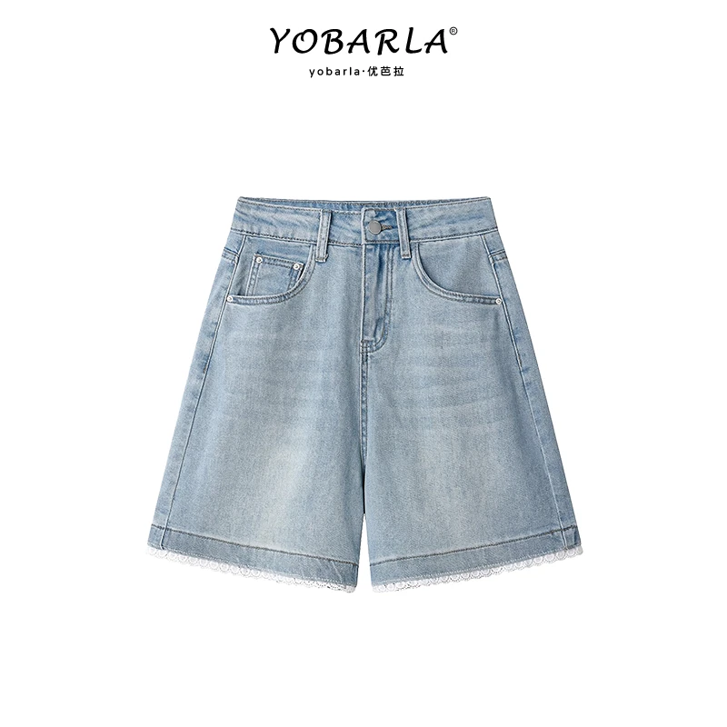 蓝色蕾丝花边牛仔短裤女夏季新款小个子高腰大码显瘦美式复古热裤