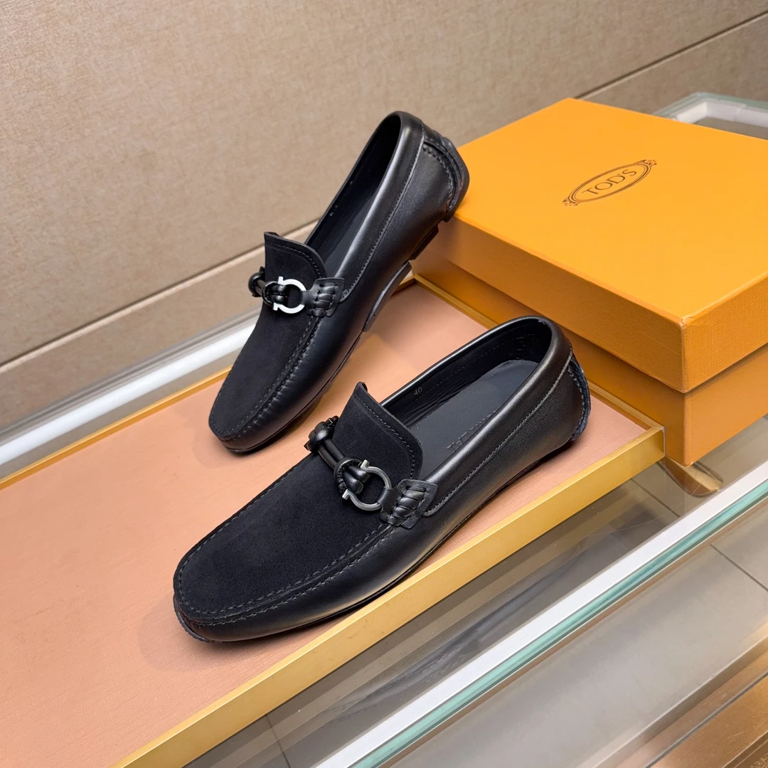 2025大牌平替菲家同款牛皮拼接豆豆鞋乐福鞋黑色透气机能潮鞋男鞋