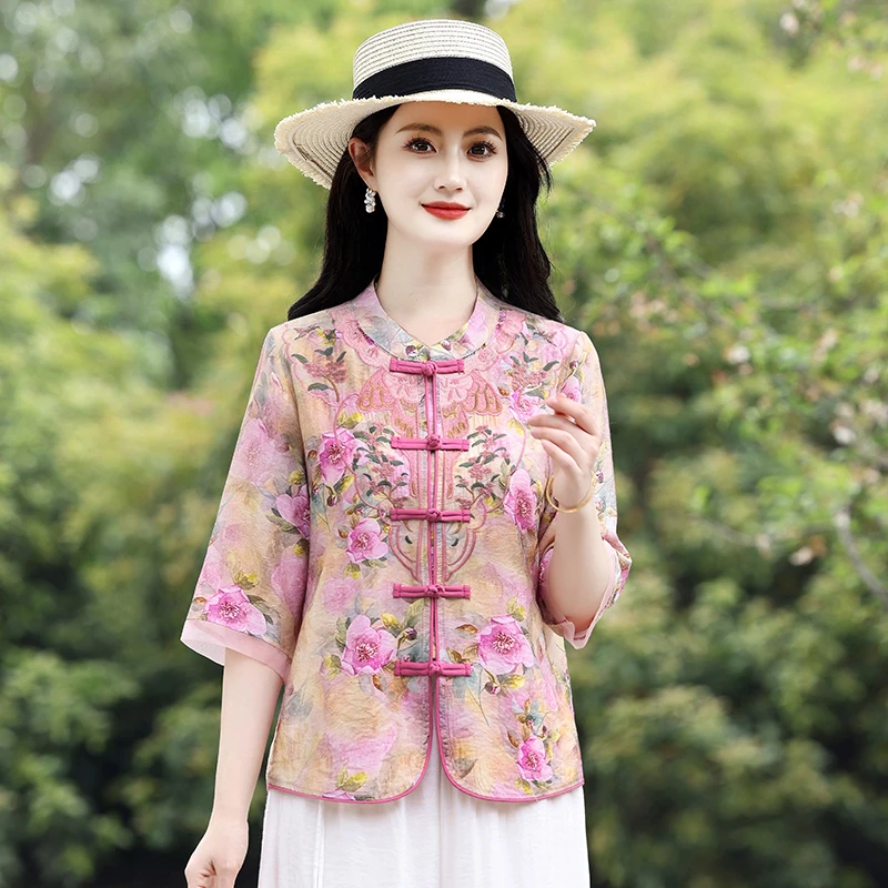 2025复古国风印花衬衫短款女装宽松夏季新款中式刺绣立领盘扣上衣