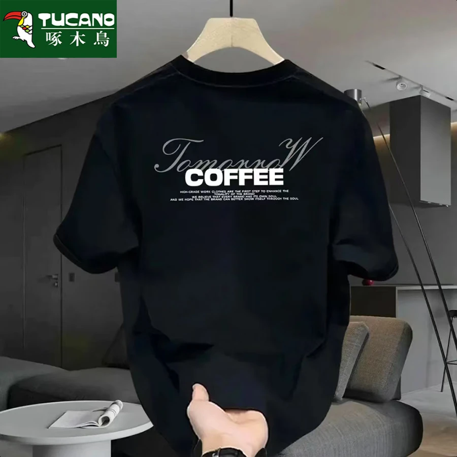 啄木鸟夏季男士纯棉短袖t恤男韩版潮流宽松圆领百搭印花全棉半袖