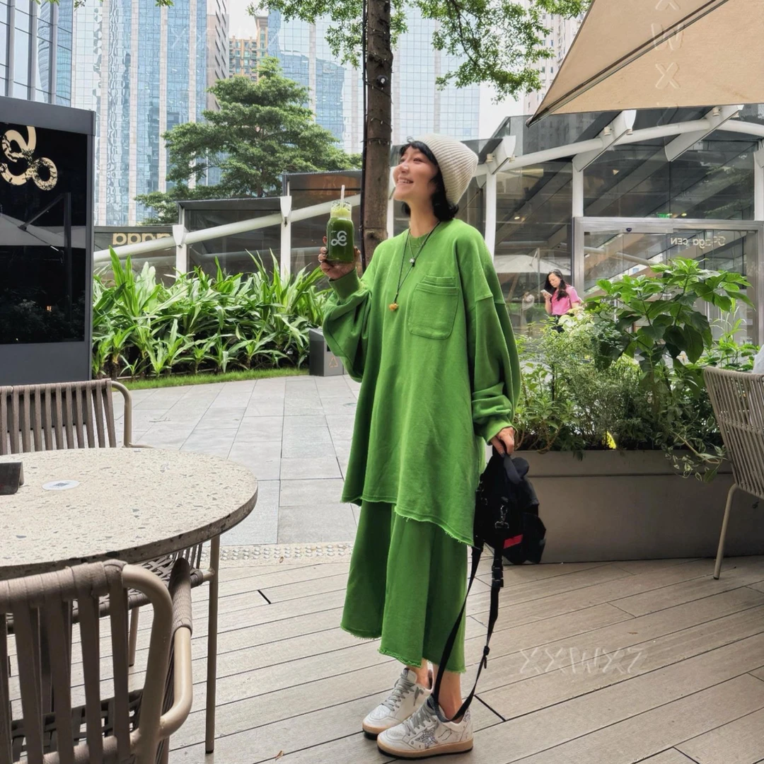大码高级感韩系早秋休闲蓝色卫衣搭配裤子一整套ootd穿搭又a又飒