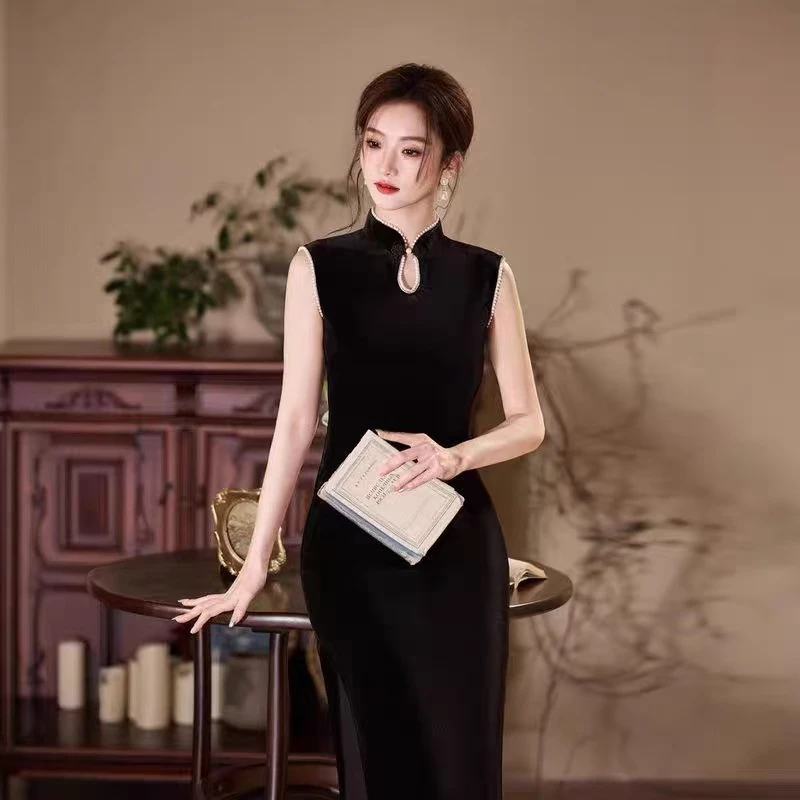 星蓓｜如愿年轻少女款单层黑色丝绒时尚无袖中式旗袍修身显瘦日常