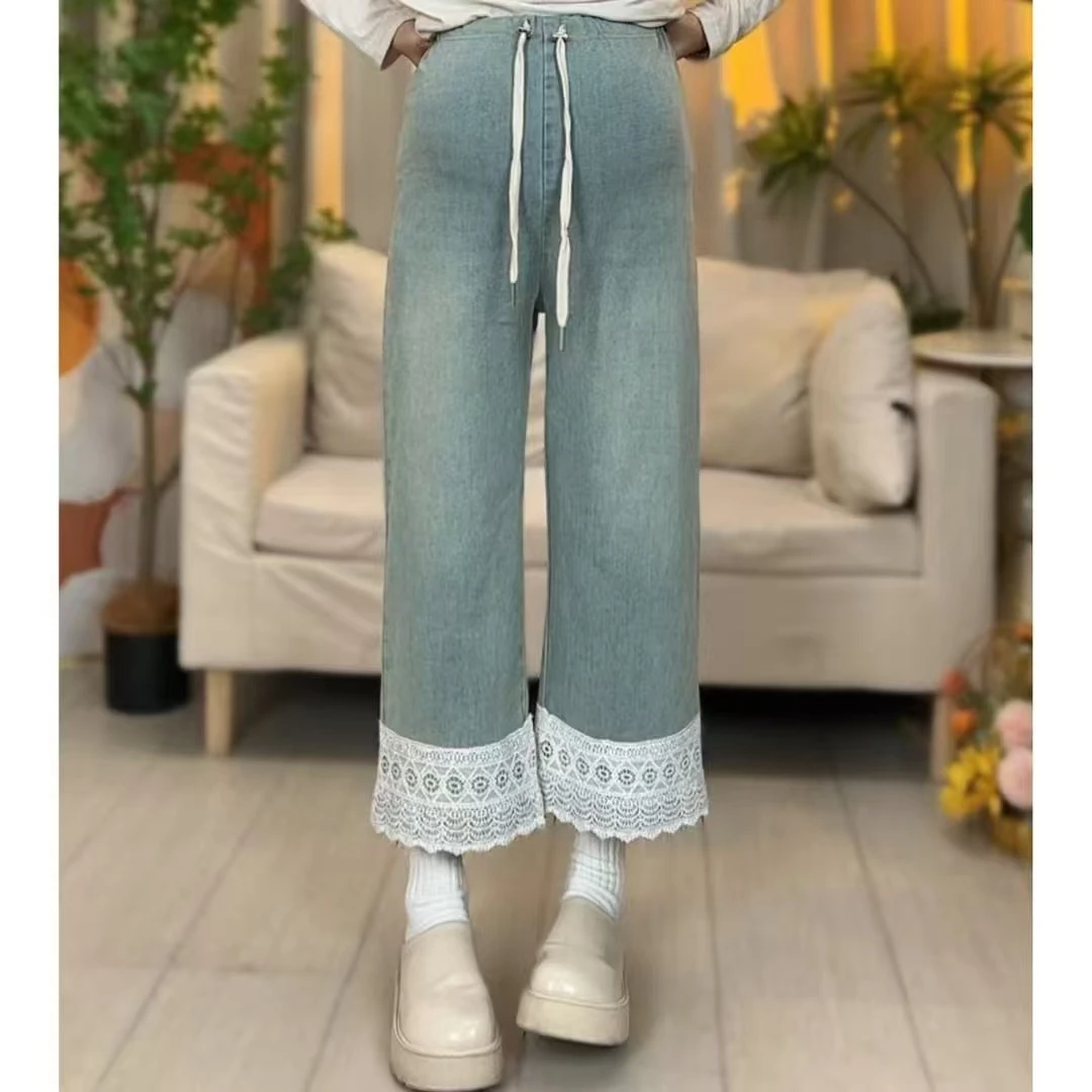 69832孕妇小众设计感蕾丝拼接高腰直筒牛仔裤显瘦休闲九分裤女