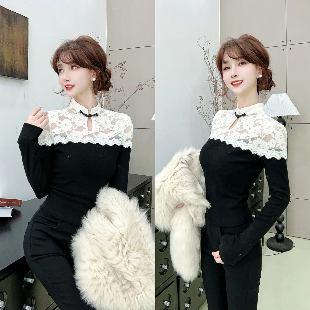 《现货特价》改良旗袍中式蕾丝拼接针织衫(8519)显瘦气质时尚修身